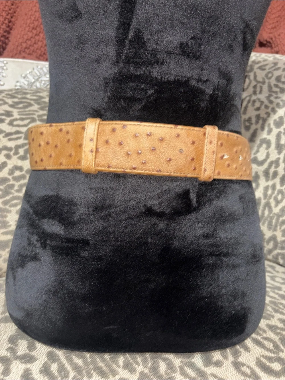 Vintage maximalist belt faux ostrich gold tone gladiator buckle leather belt